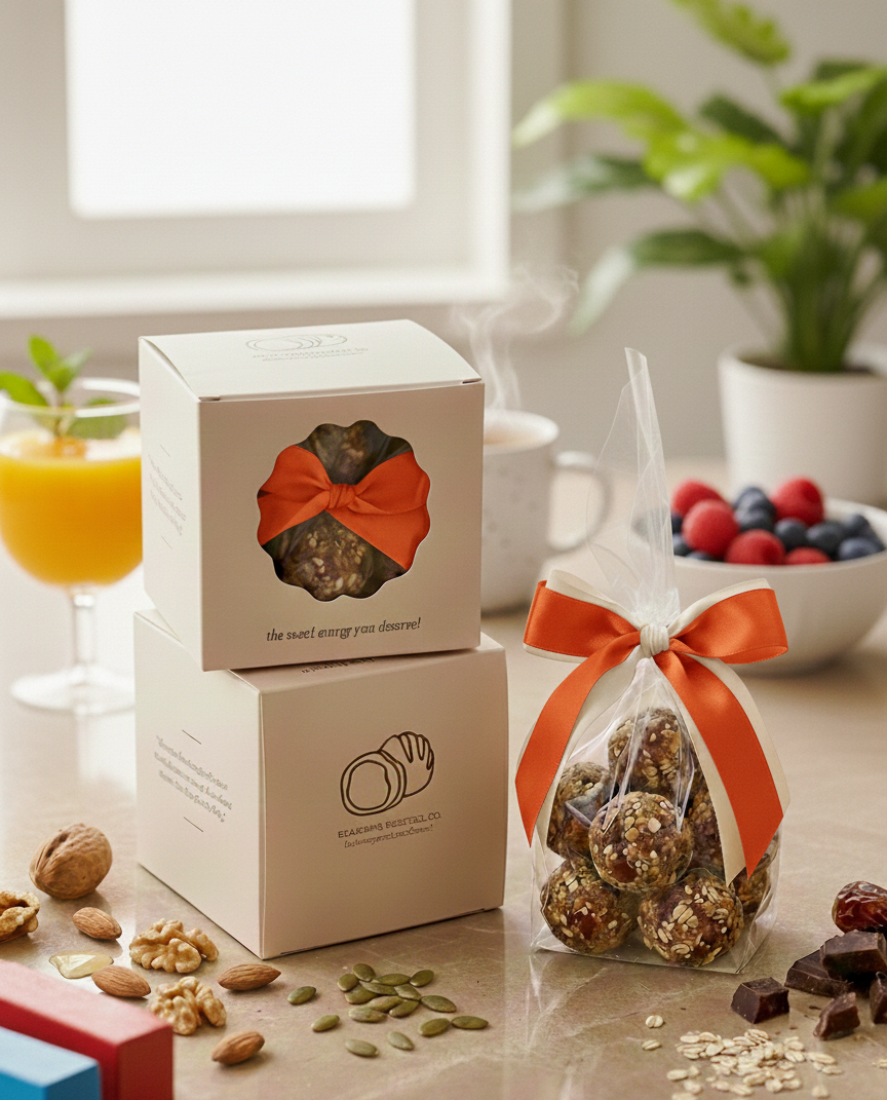 Gift boxes with snacks on a table with a window and plant in the background