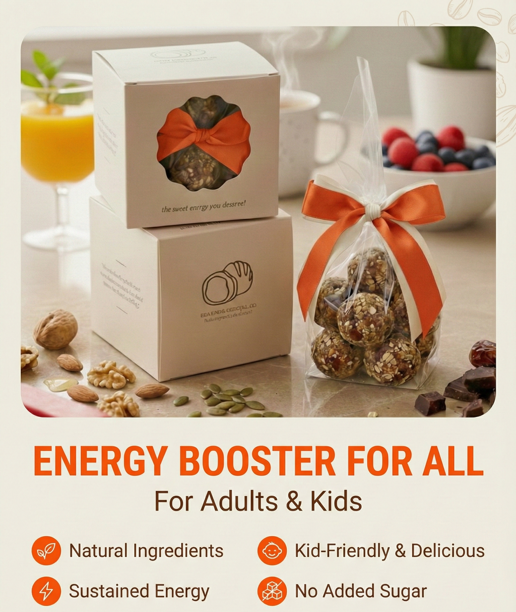 Energy booster product packaging with natural ingredients on a table.