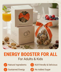 Energy booster product packaging with natural ingredients on a table.