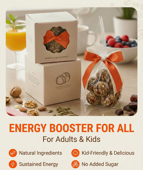 Energy booster product packaging with natural ingredients on a table.