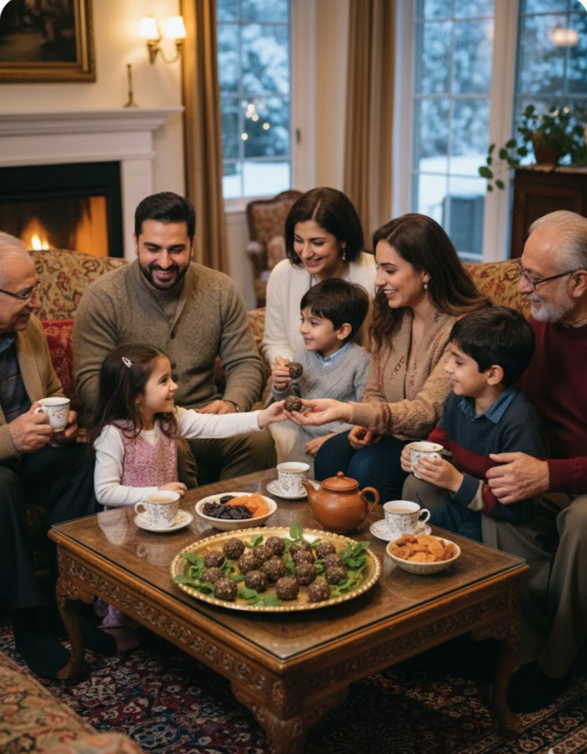 Family gathered around a table for tea time with homemade energy balls in a cozy living room.