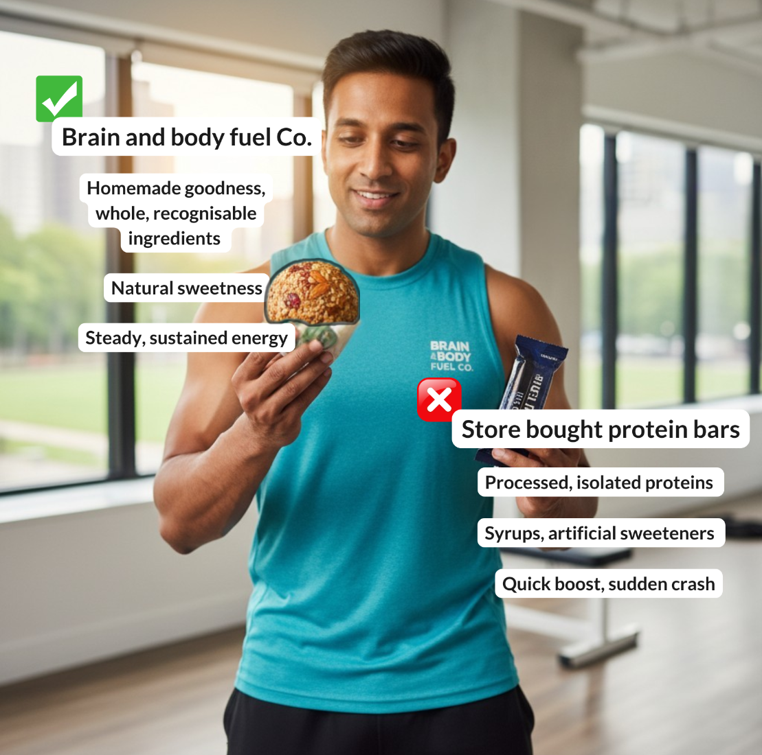 Man holding a protein bar with text comparing homemade and store-bought options.