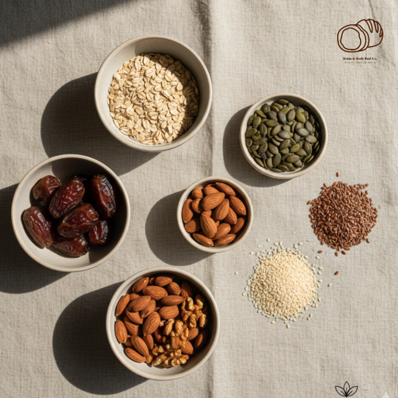 Bowls of various nuts, seeds, and grains on a textured surface. These ingredients are used in products of 'Brain and Body Fuel Co.