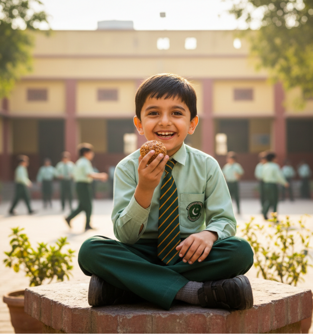 A kid eating homemade energy ball at school in break time, feeling energised, less tantrums
