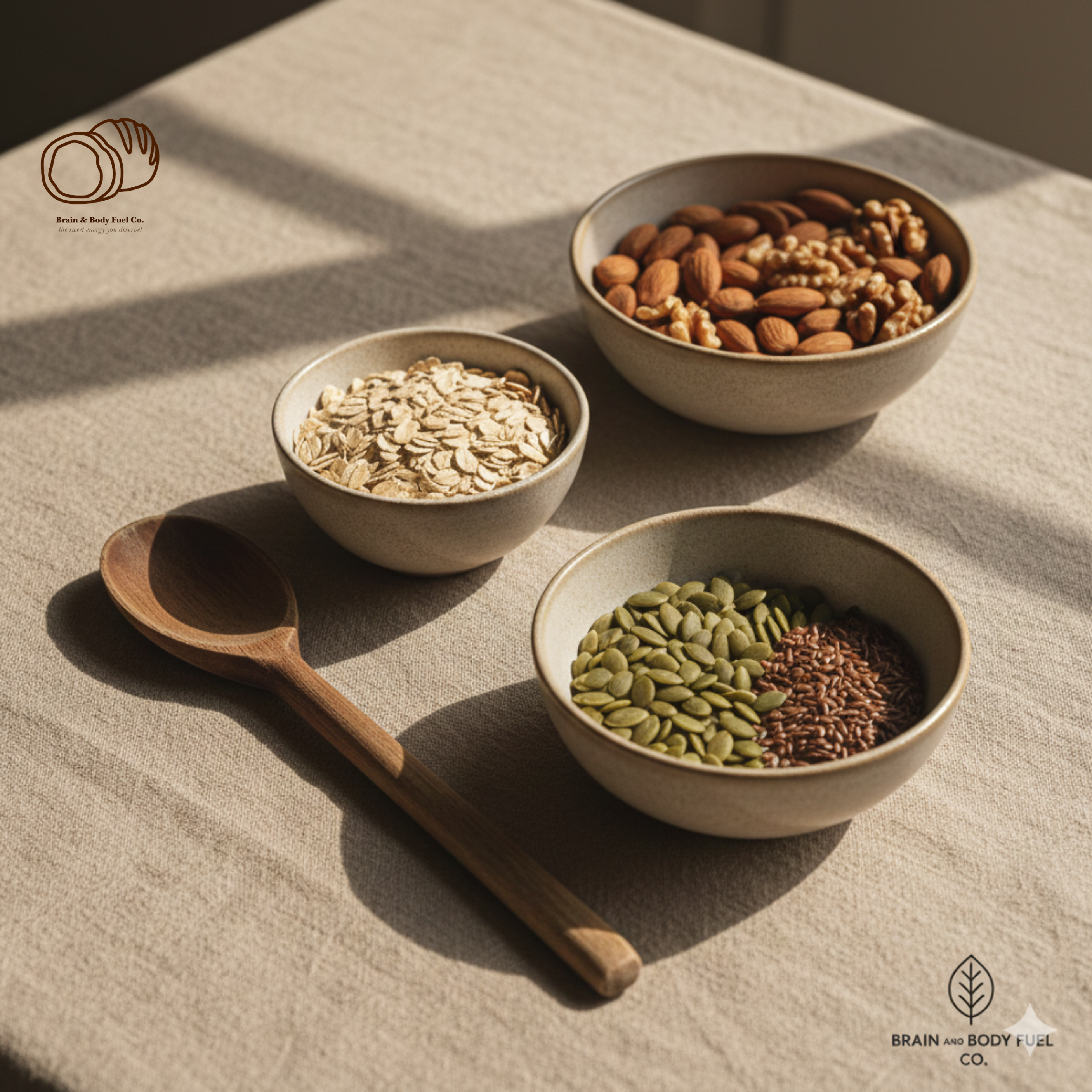 Three bowls with seeds and a wooden spoon on a textured surface, explains the 'Brain & Body Food Co.'s story climax.