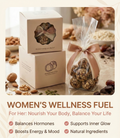 Product packaging with nuts and a bow, labeled 'Women's Wellness Fuel' on a light background.