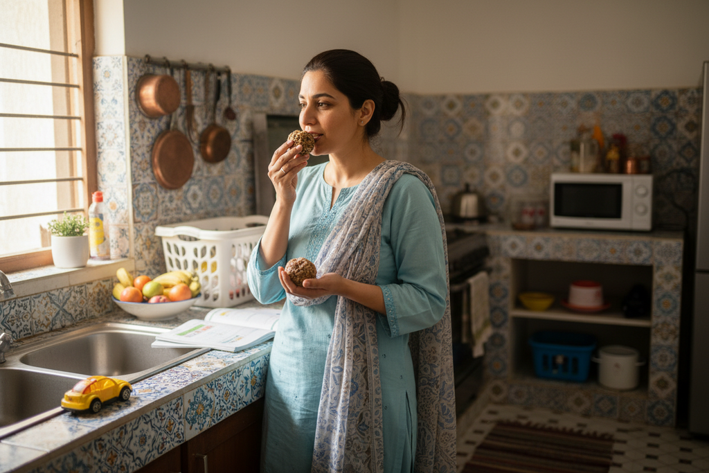 A busy Pakistani mom eating energy balls in the mid of her household chores