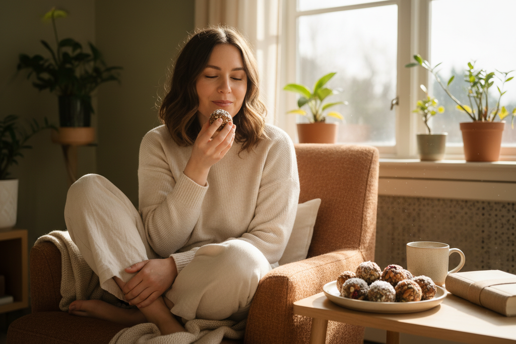A women eating energy balls for postpartum recovery 
